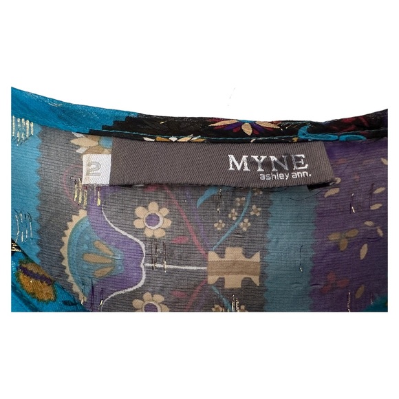 MYNE Ashley Ann Silk Sheer Boho Blouse Floral 3/4 Sleeve Ties at Neck Size 2 - Picture 9 of 13